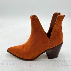 Women Brown V Cut Ankle Booties Mid Chunky Heel Comfortable Slip on Ankle Bootie